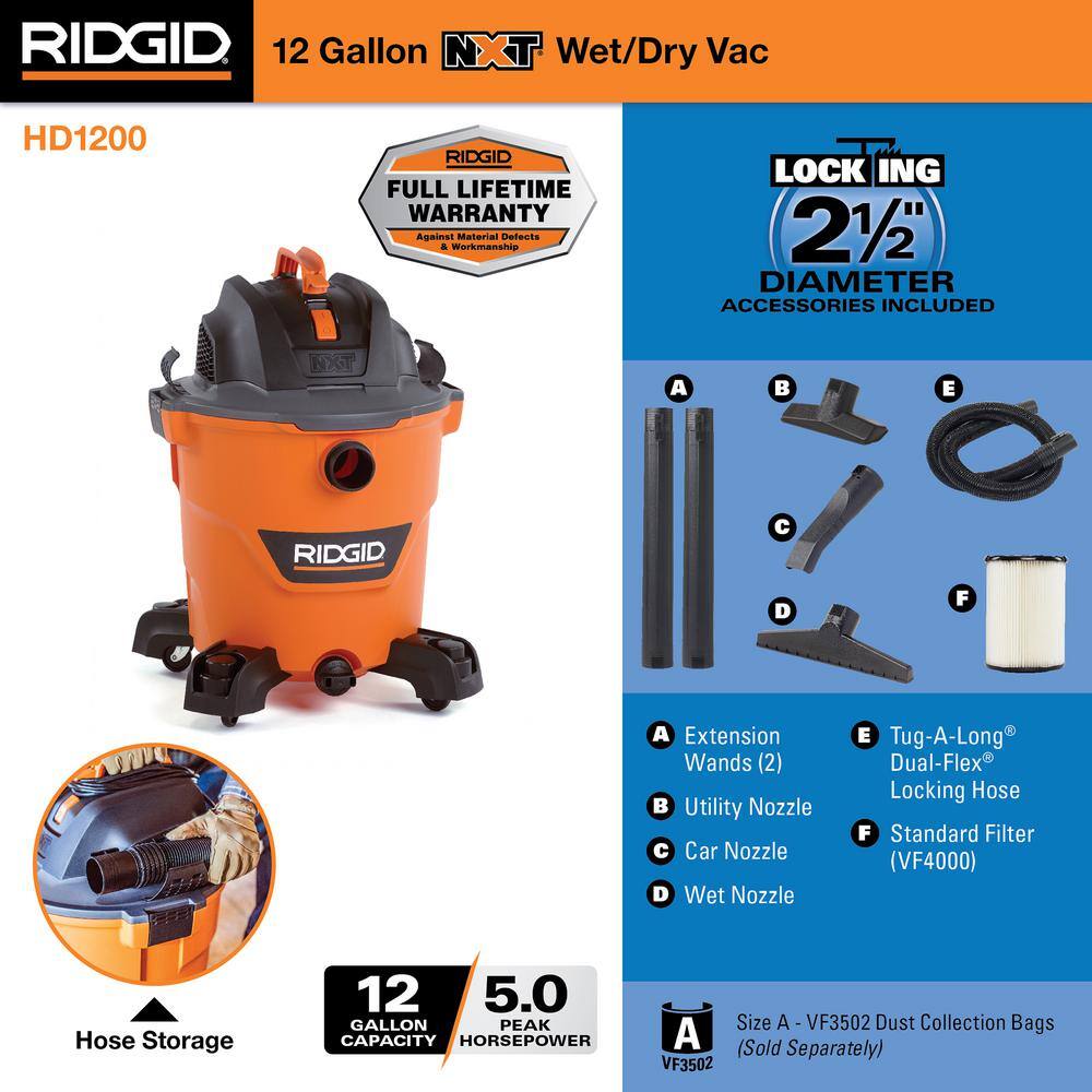 RIDGID 12 Gallon 5.0 Peak HP NXT WetDry Shop Vacuum with Filter Locking Hose and Accessories HD1200