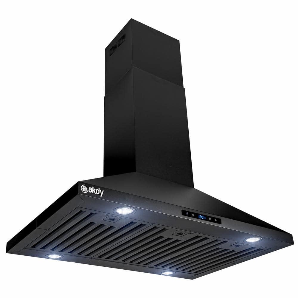 AKDY 36 in 335 CFM Convertible Island Mount Kitchen Range Hood in Black Painted Stainless Steel with Touch Control