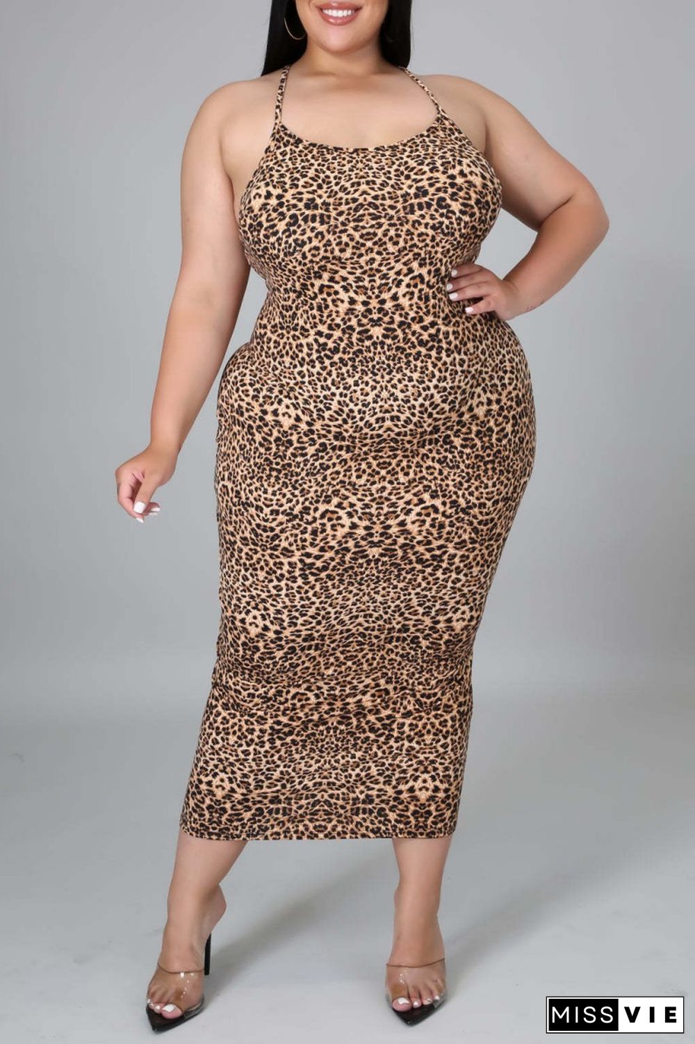 Orange Sexy Casual Print Backless O Neck Sling Dress Plus Size Dresses