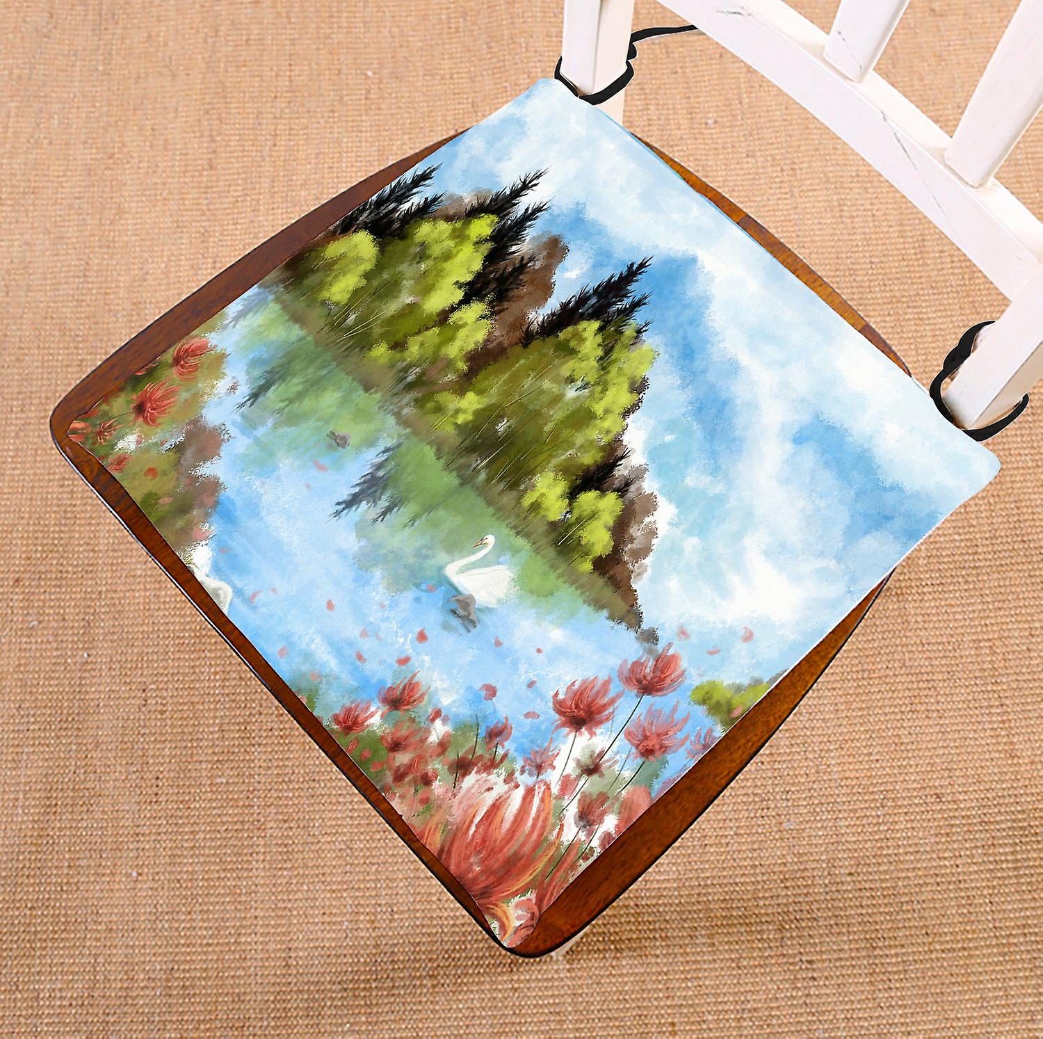 Watercolor Landscape Chair Pad， Beautiful Swan Lake Artwork Seat Cushion Chair Cushion Floor Cushion 45x45 Cm