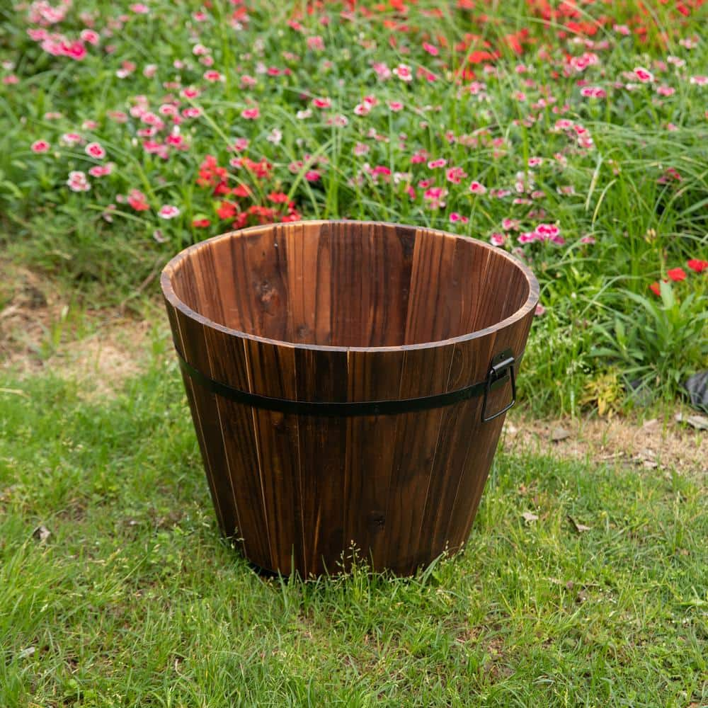 Gardenised Rustic Wooden Whiskey Barrel Planter with Durable Medal Handles and Drainage Hole - Large QI003236.L