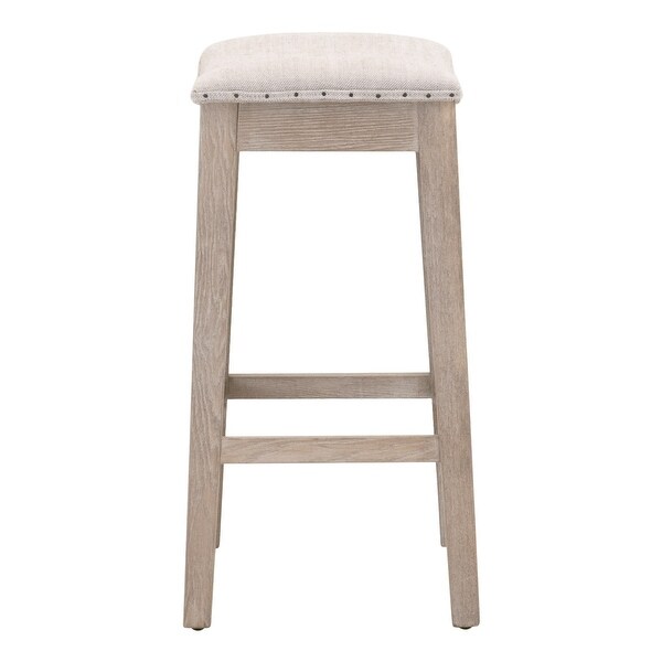 27 Inch Coastal Counter Height Wood Stool， Nailhead Trim Fabric Seat， Gray