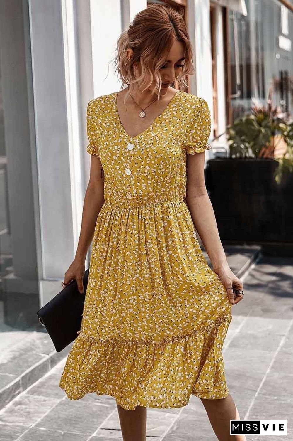 Cute Floral Print V-neck Dress