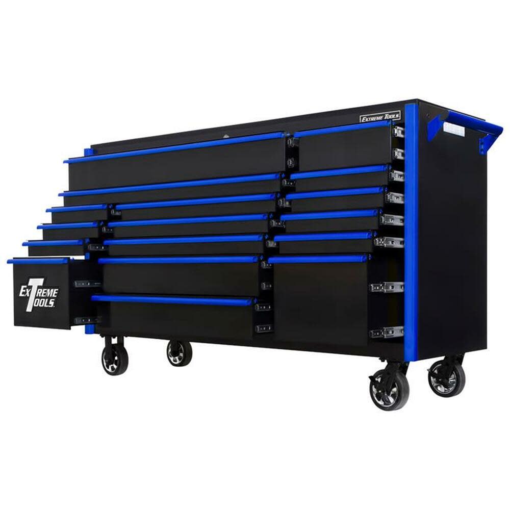 Extreme Tools 72 Black Roller Cabinet with Blue Drawer Pulls