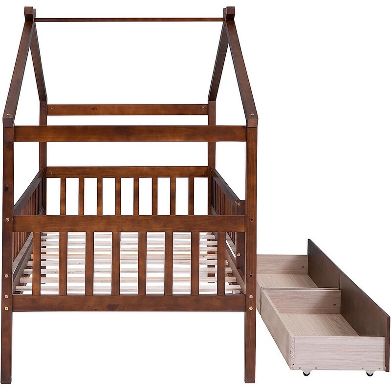 Twin House Bed with 2 Storage Drawers Rails and Roof for Kids