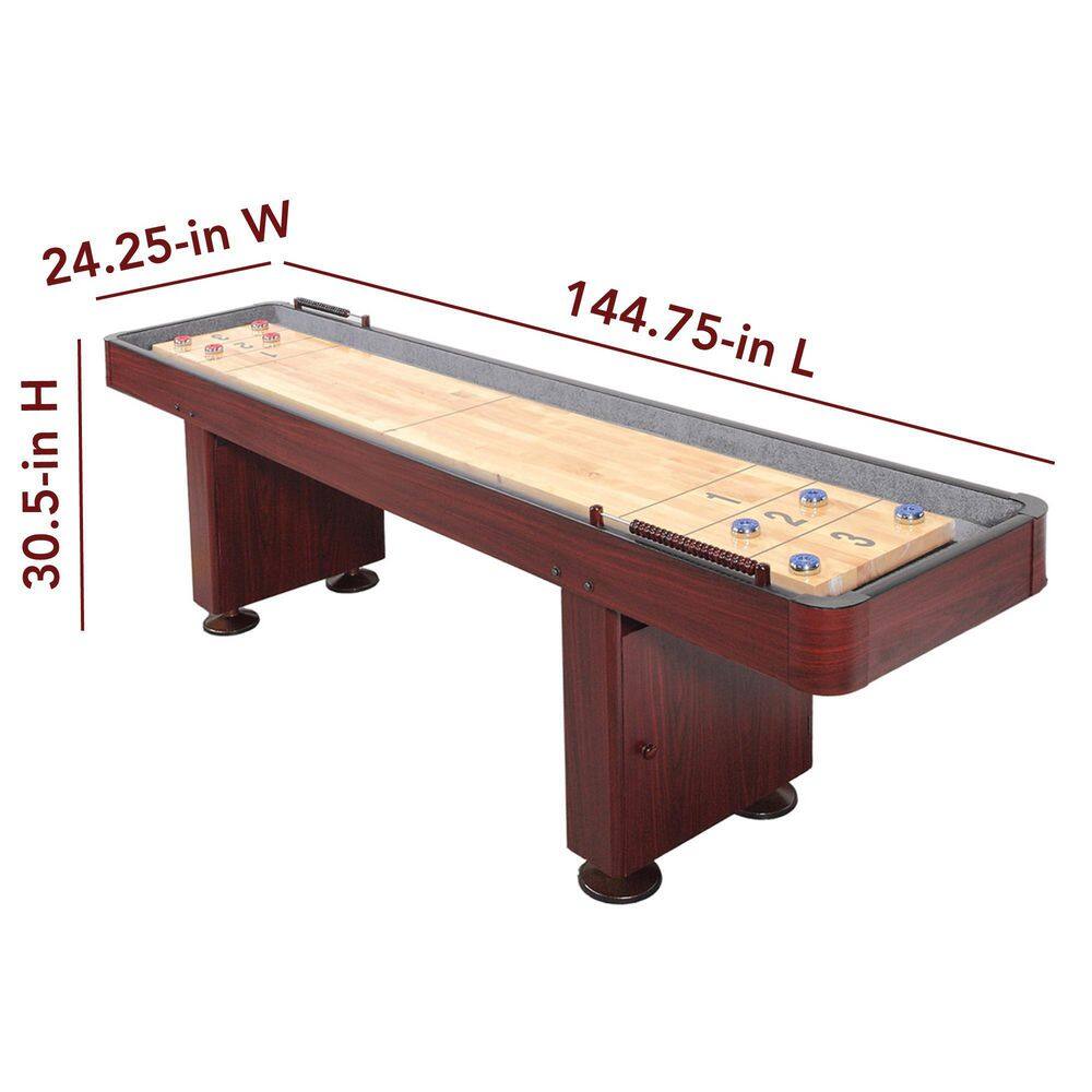 Hathaway Challenger 12 ft. Shuffleboard Table w Storage Cabinets Climate Adjusters Leg Levelers 8 Pucks Brush and Wax BG1214