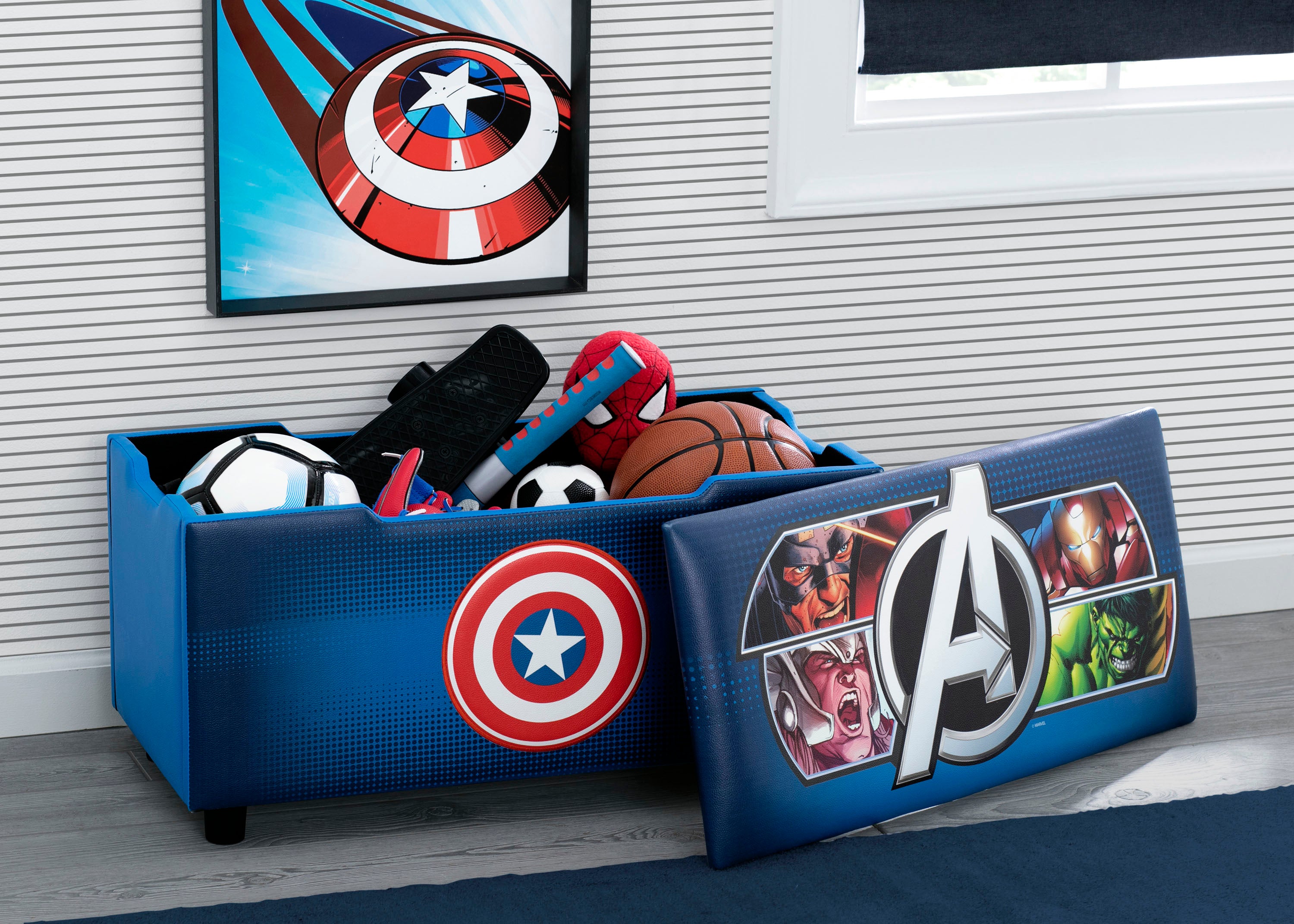 Marvel Avengers Upholstered Storage Bench for Kids | Perfect for Bedrooms/Playrooms/Living Rooms | Features Fun Graphics of Hulk, Iron Man, Captain America, Thor