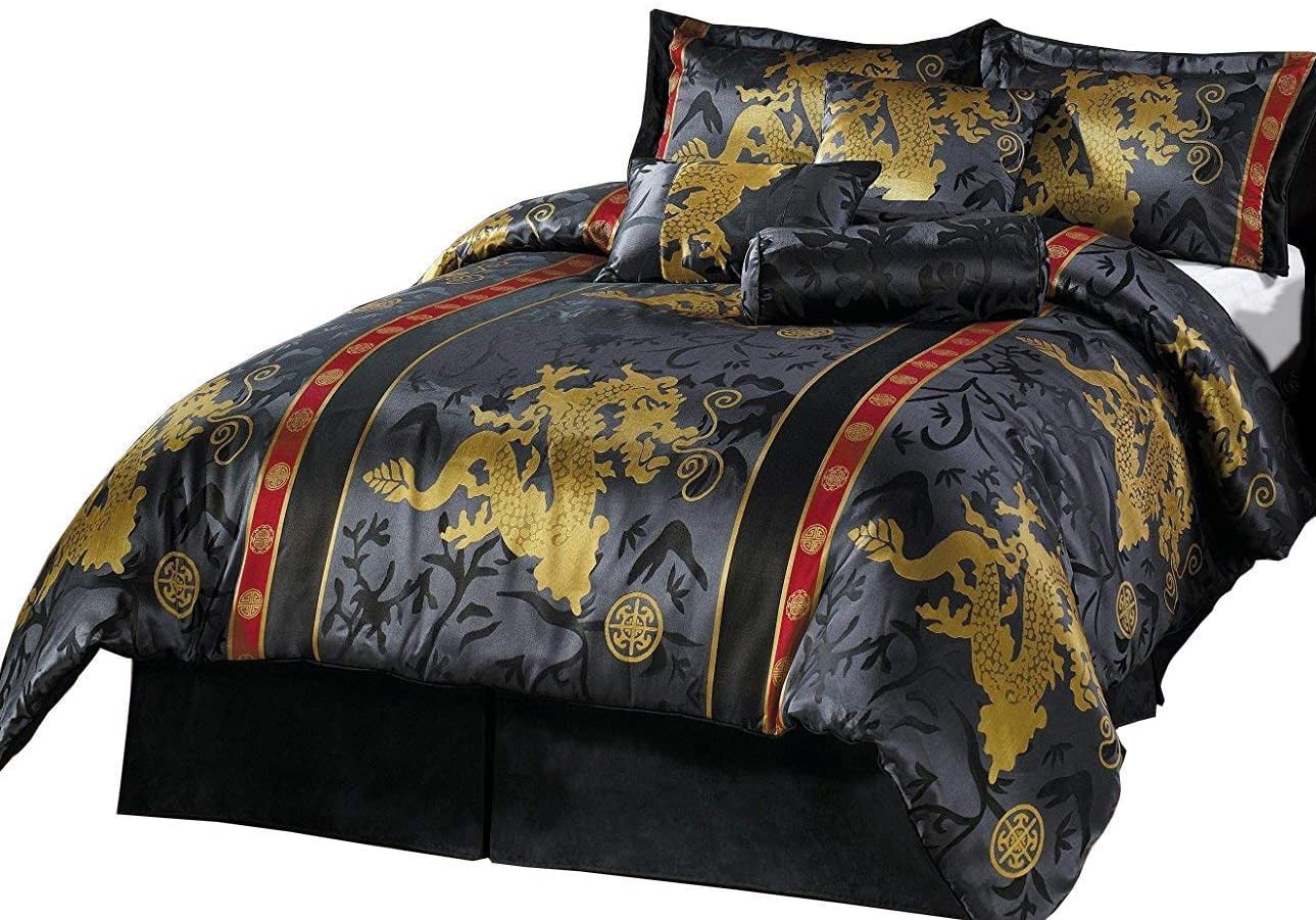 Chezmoi Collection 7-Piece Palace Dragon Black Gold Red Jacquard Comforter Set， California King