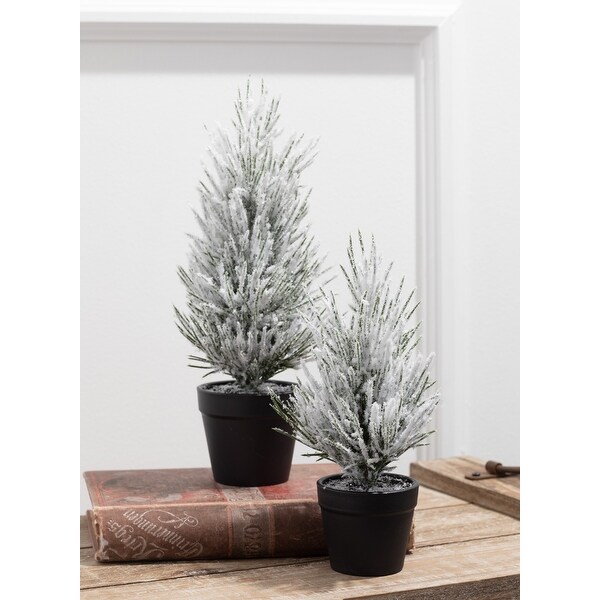 Sullivans Flocked Pine Artificial Tree Set of 2，11H and 9H Green