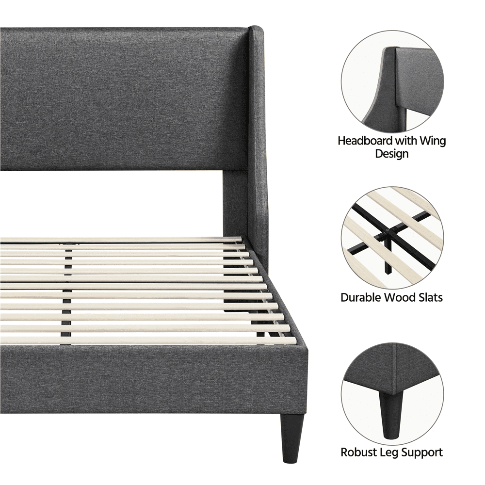 Easyfashion Upholstered Platform Bed Frame with Wingback Headboard, Dark Gray, Full