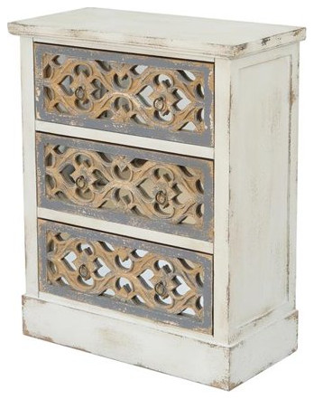 Rustic End Table  3 Drawers With Carved Front  ampGlass Insert  Off White/Natural   French Country   Side Tables And End Tables   by Decor Love  Houzz