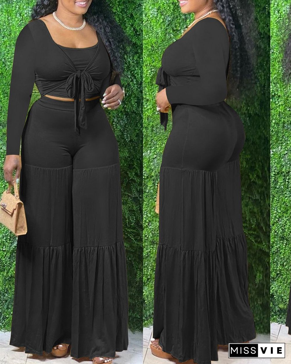 Solid Knot Front Crop Top & Wide Leg Pants Set