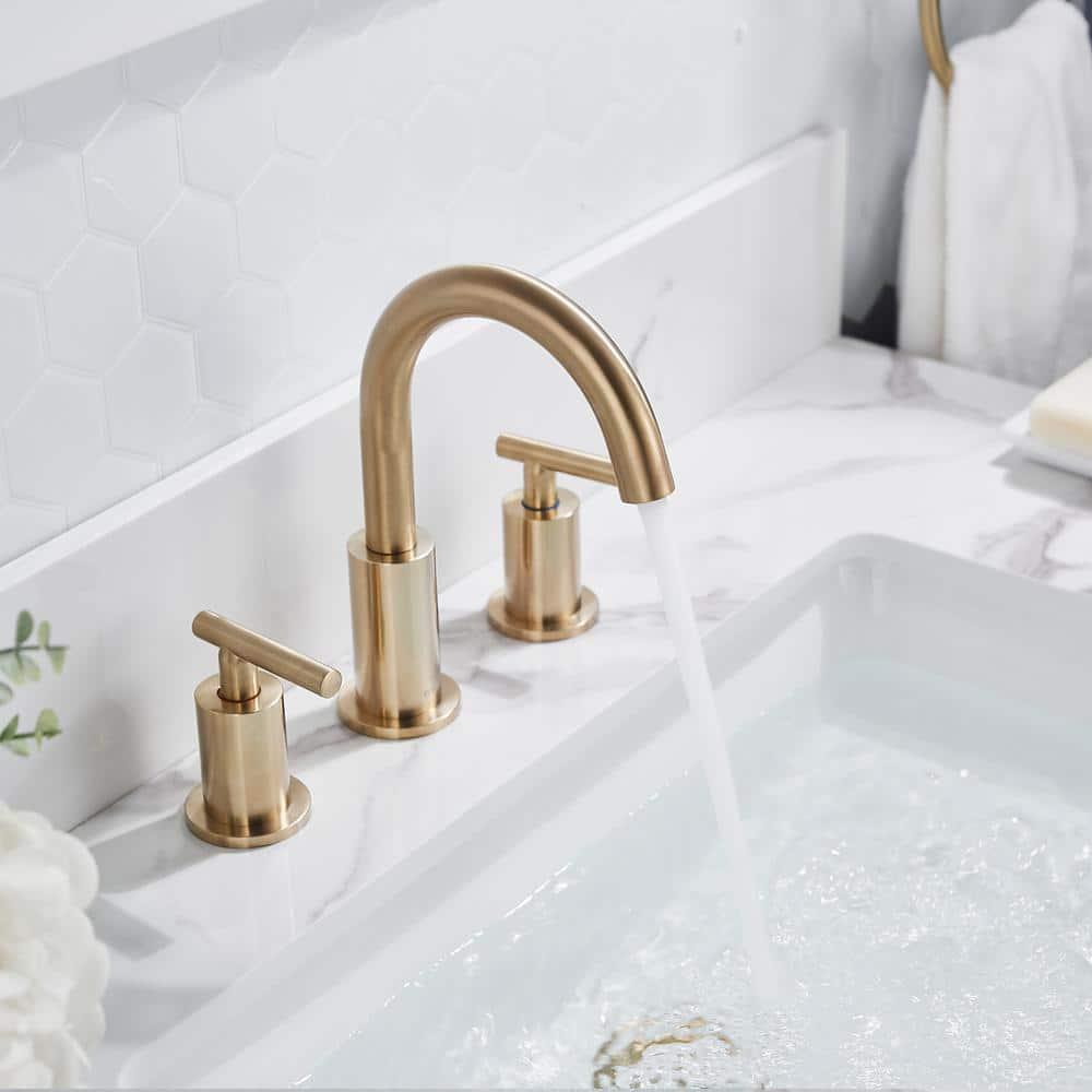 FORIOUS TwoHandle Bathroom Faucet 3Hole Widespread Bathroom Sink Faucet with Metal Drain and Supply Hose Gold