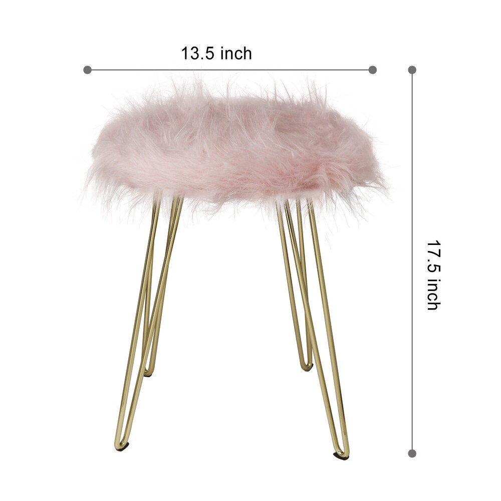 Faux Foot Stool/Vanity Chair with Golden Metal Legs  Small Fuzzy Fluffy Round Ottoman Storage   2 Pack