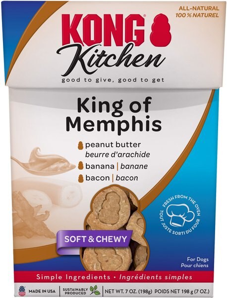 KONG Kitchen King of Memphis Grain-Free Bacon and Peanut Butter Chewy Dog Treats， 7-oz box