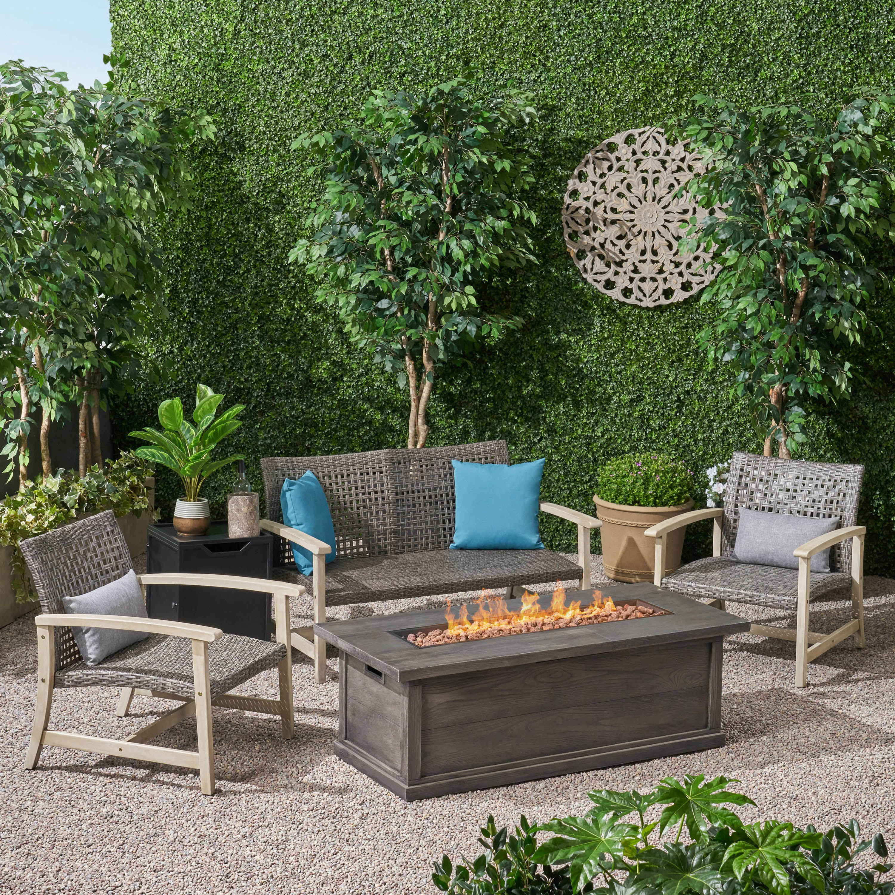 Rachel Outdoor 5 Piece Wood and Wicker Chat Set with Fire Pit