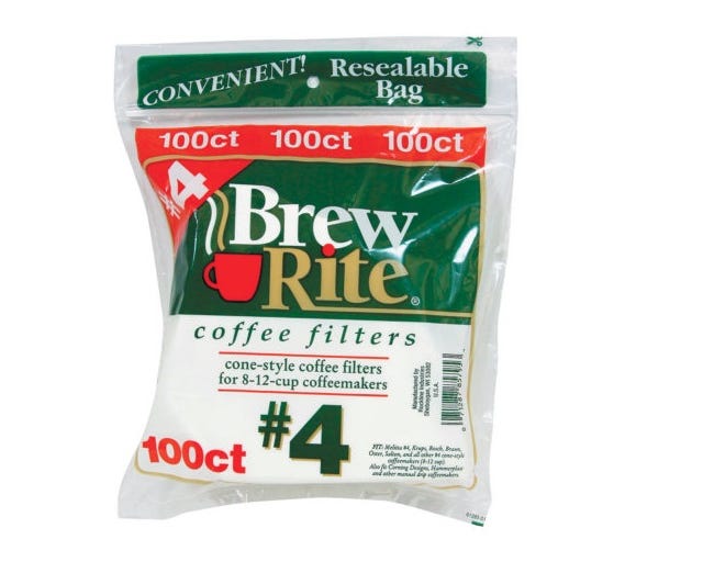 Brew Rite White No 4 Cone Style Coffee Filters 100 count