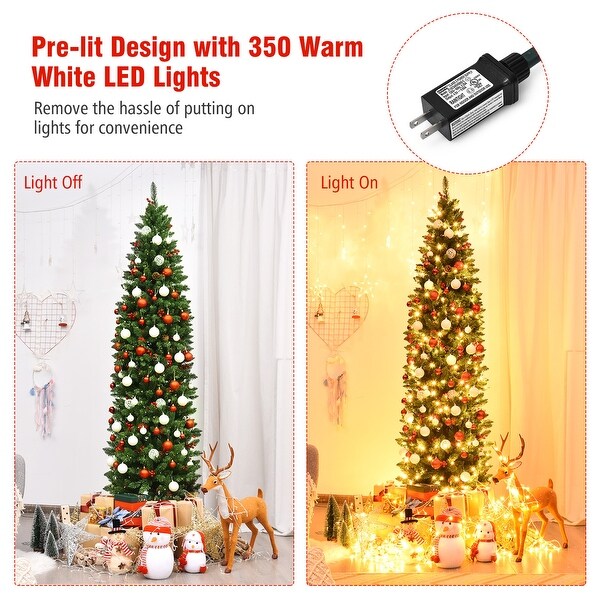 Gymax 7.5Ft PreLit Pencil Christmas Tree Hinged Artificial Slim Tree