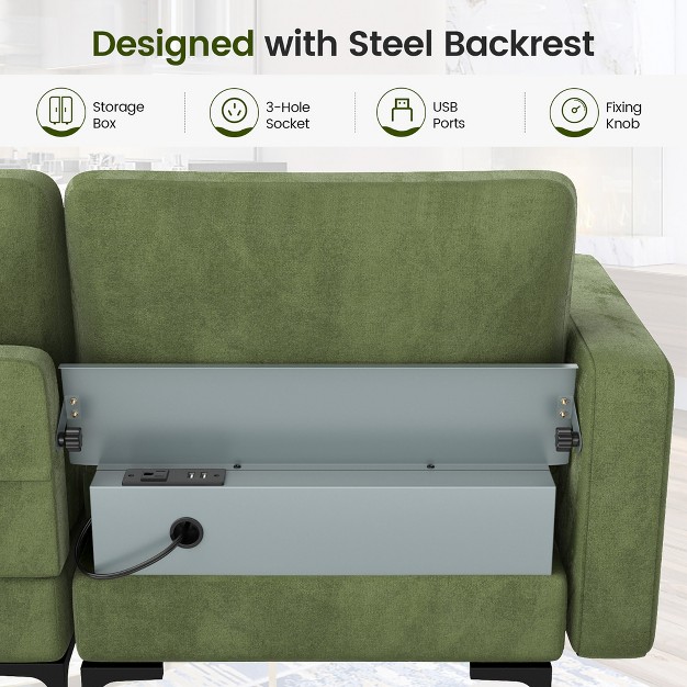 Costway Modular 3 seat Sofa Couch W Socket Usb Ports amp Side Storage Pocket Army Green