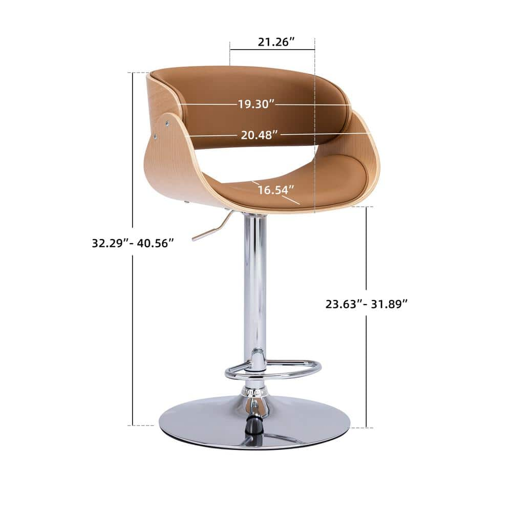 40.6 in. H Khaki Low Back Adjustable/Swivel Bar Stool, PU Leather Ecru Bent Wood Bar Chair LM-W21234929