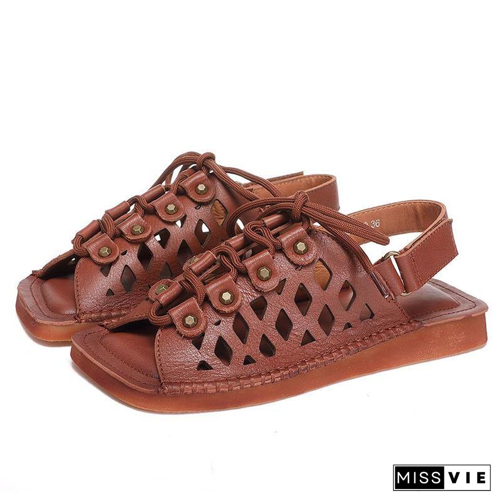 Chocolate Lace Up Flat Sandals Cowhide Leather