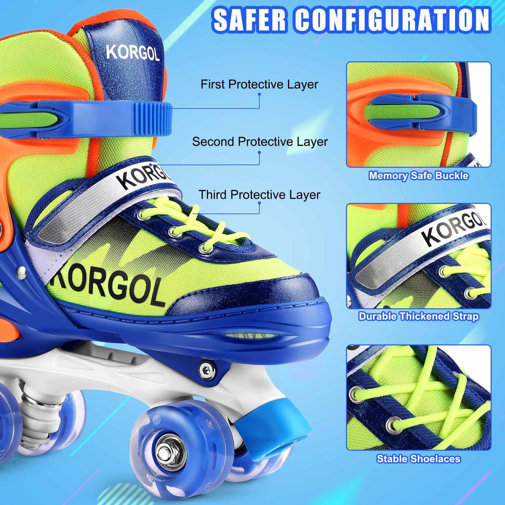 KORGOL Blue Adjustable Roller Skates with Illuminating Wheels， for Kids Boys Girls