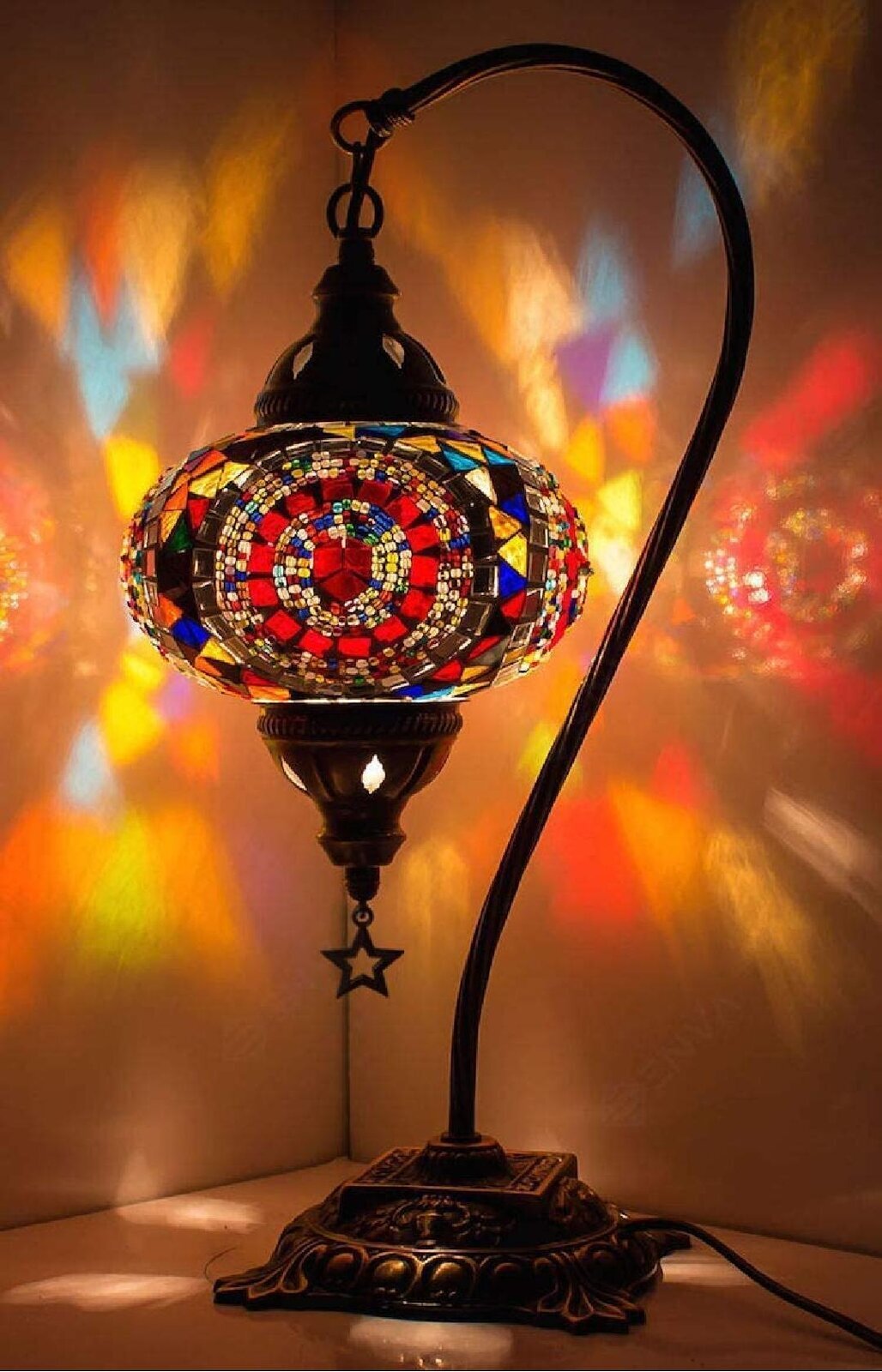 Turkish Moroccan Mosaic Table Lamp With US Plug & Socket, Swan Neck Handmade Desk Bedside Table Night Lamp Decorative  Lamp Light, Antique