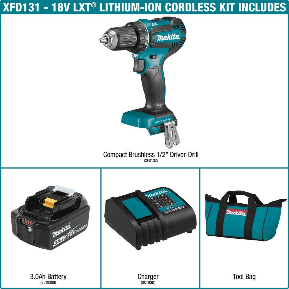 Makita 18V LXT Lithium-Ion Brushless Cordless 12 in. Driver-Drill Kit 3.0Ah XFD131