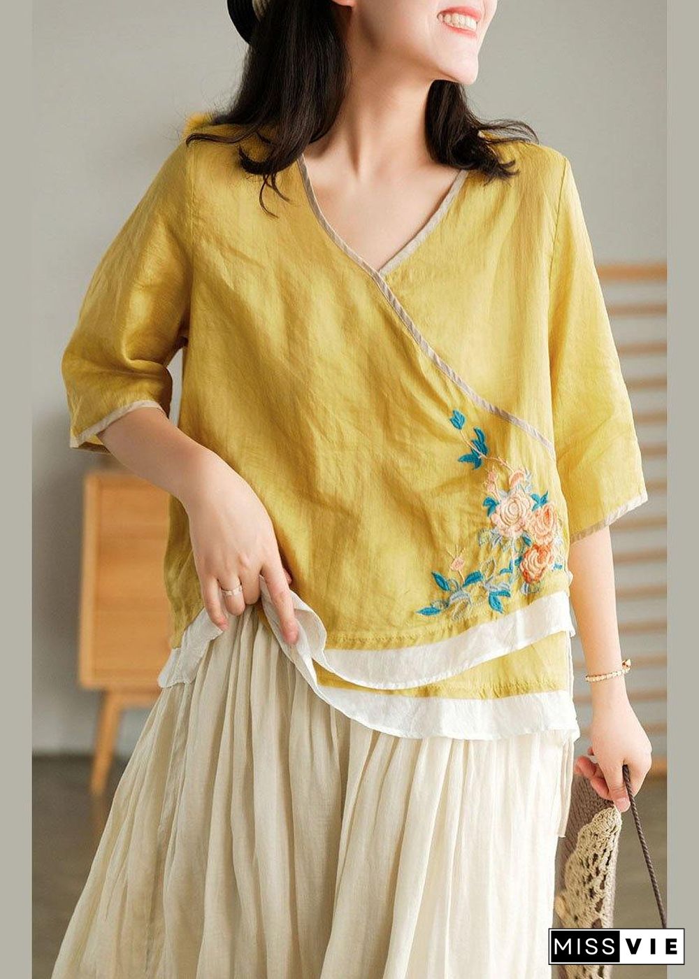 Style Yellow Embroideried Asymmetrical design Ramie Summer Blouses