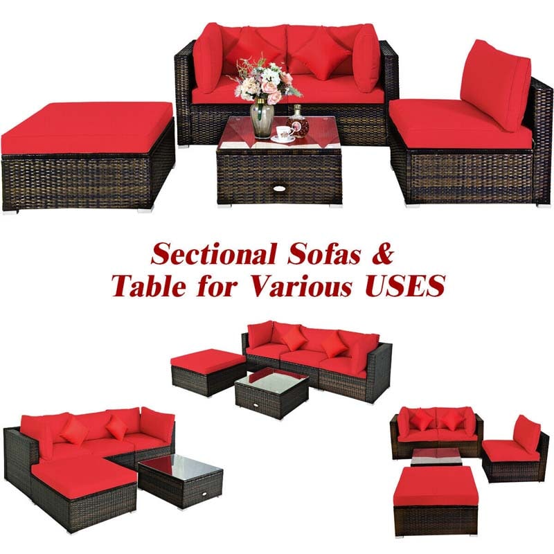 5 Pcs Outdoor Patio Rattan Furniture Sectional Sofa Set Wicker Conversation Set with Cushions