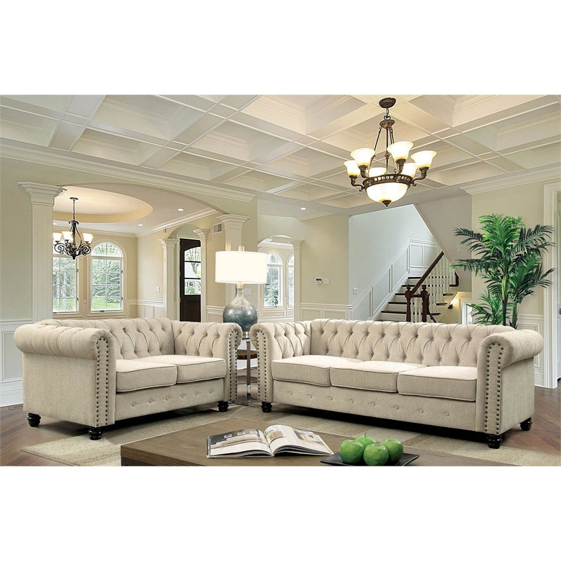 RN Furnishings 2 Piece Button Tufted Linen fabric Contemporary Sofa Set -Beige