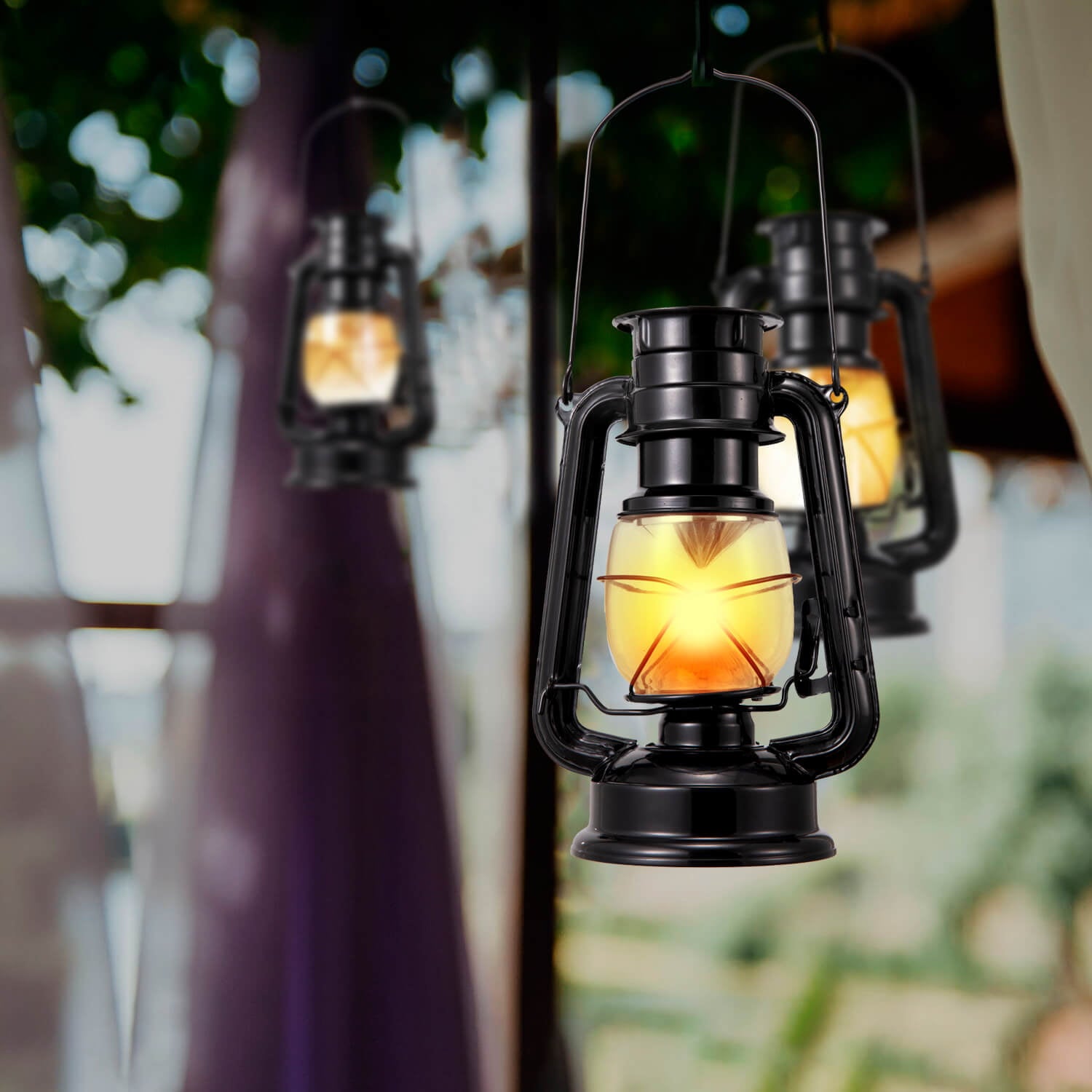 Flickering Flame Solar Lantern Lights， Hanging Waterproof Outdoor Solar Vintage Lanterns  for Camping Garden Patio Yard Black， 2 Pack