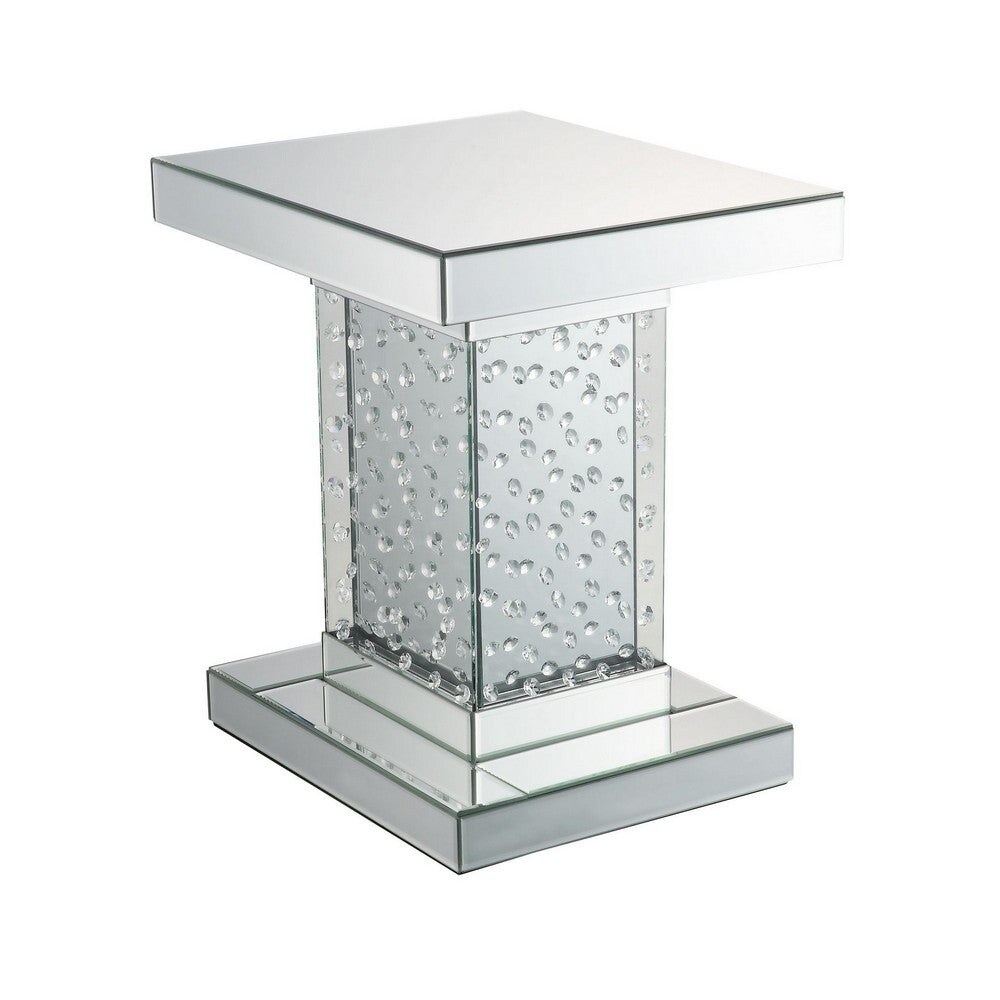 Pali 20 Inch Square Pedestal End Table， Mirrored， Faux Crystal Inlay， Silver - 16