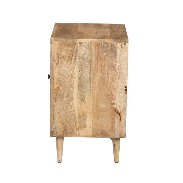 Transitional Mango Wood Side Table with Open Cubbies and Door Storage， Natural Brown