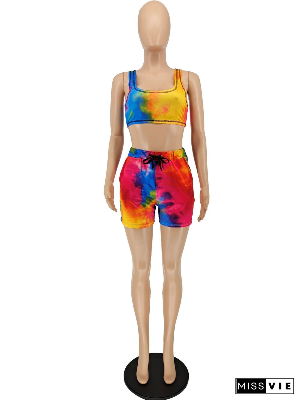 Summer Women Gradient Tie Dye Sleeveless Crop Tops Drawstring Shorts Sportswear 2 Piece Set