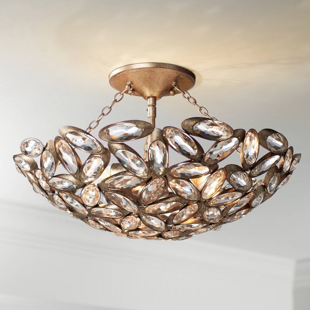 Wide Bronze 3 light Clear Cut Crystal Mosaic Bowl For Bedroom Living Room