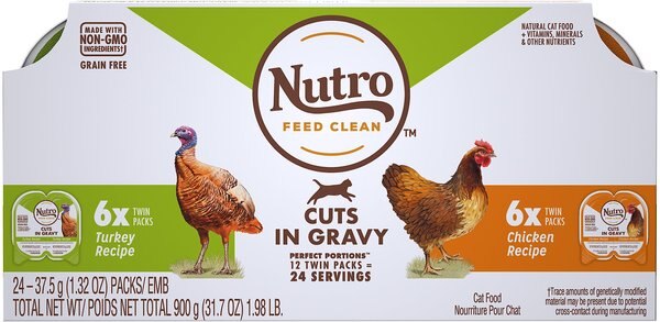 Nutro Perfect Portions Grain-Free Multi-Pack Real Turkey and Real Chicken Cuts in Gravy Recipe Cat Food Trays