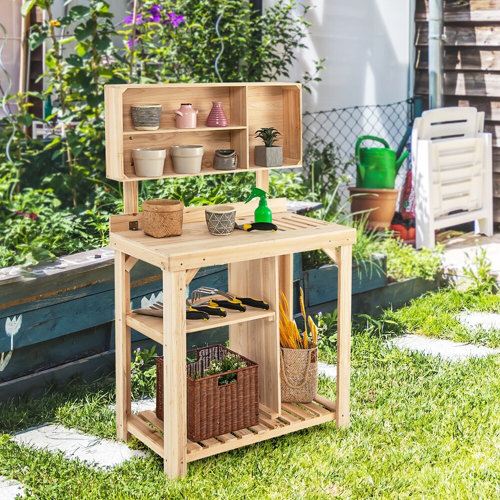 Garden Potting Table Potting Bench Wooden Workstation w/Storage Shelf