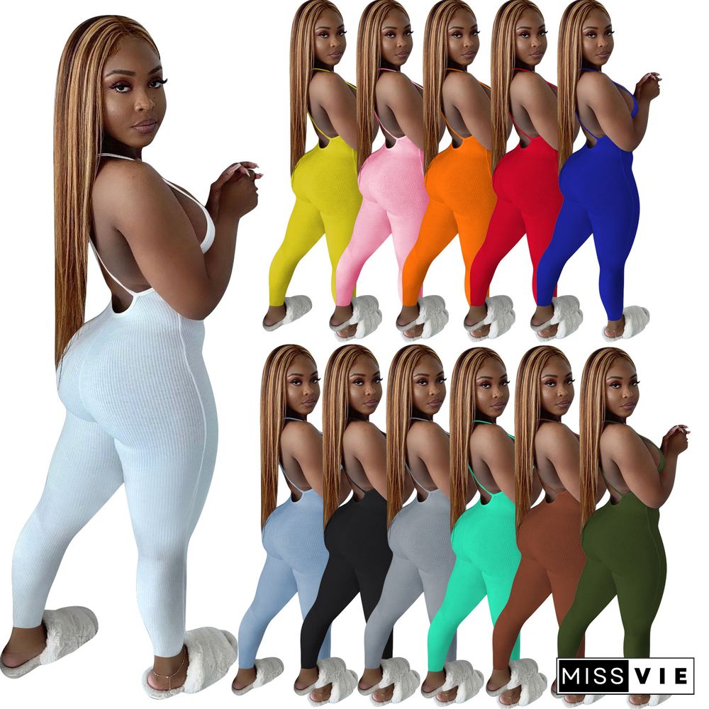 Women Sleeveless V-Neck Solid Ribbed Open Back Cross Summer Activewear Sexy One Piece Jumpsuit