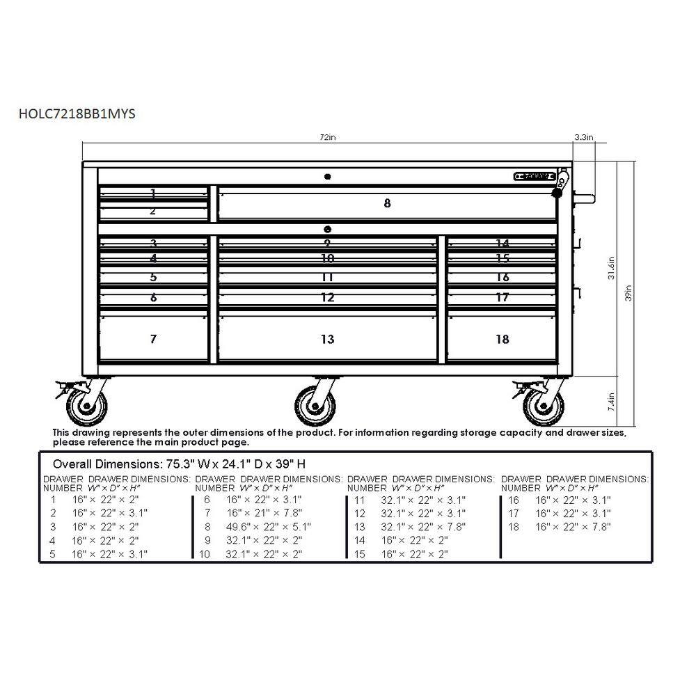 Husky 72 in. W x 24 in. D Heavy Duty 18-Drawer Mobile Workbench Cabinet with Adjustable-Height Hardwood Top in Matte Black HOLC7218BB1MYS