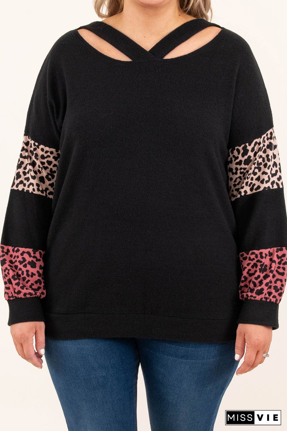 Black Plus Size Leopard Patchwork Strappy Neck Top