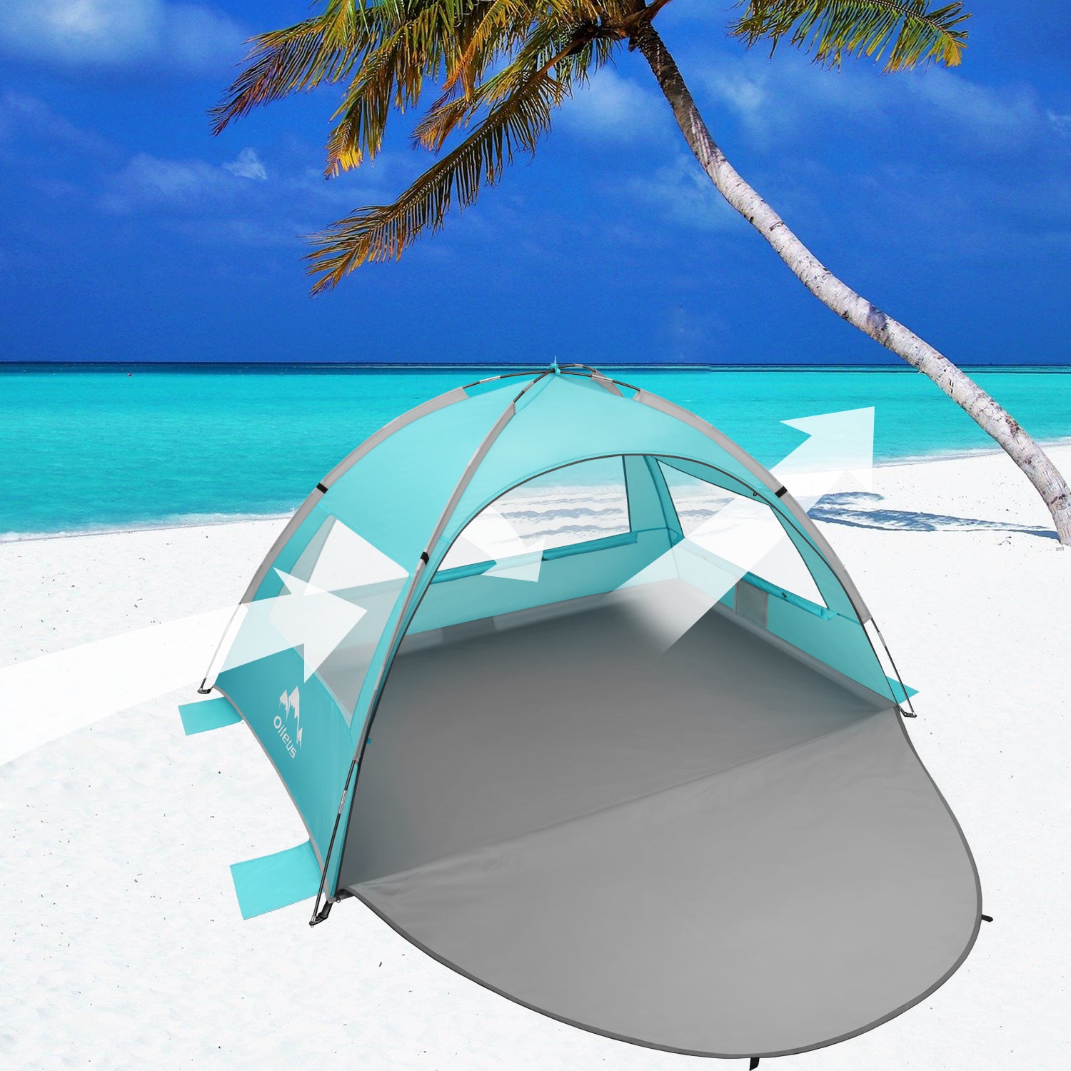 Oileus Beach Tent 2-3 Person Portable Sun Shade Shelter UV Protection， Extended Floor Ventilating Mesh Roll Up Windows Carrying Bag Stakes 6 Sand Pockets Fishing Hiking Camping， Sky Blue