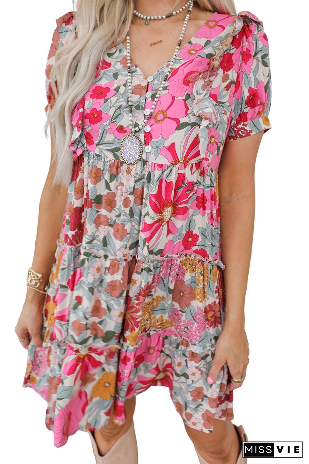 Multicolor Floral Print Patchwork Frill Tiered Shift Dress