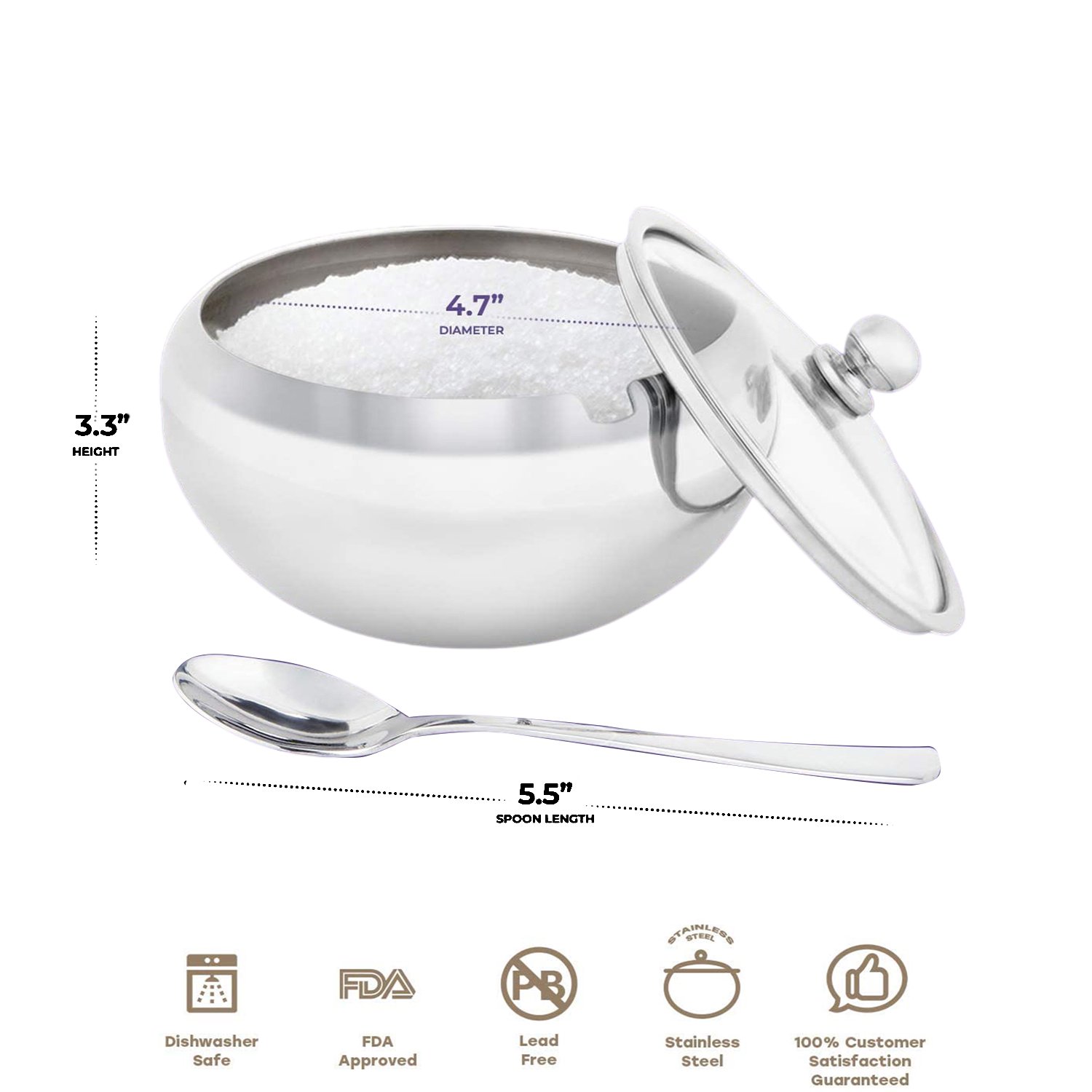 Sugar Bowl， Stainless Steel Drum Shape Sugar Pot with Clear Lid and Spoon， 500 Milliliter(16.9 OZ) for Home and Kitchen