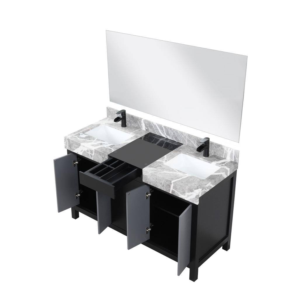 Lexora Zilara 55 in x 22 in D Black and Grey Double Bath Vanity Castle Grey Marble Top Matte Black Faucet Set 53 in Mirror LZ342255SLISM53FCM