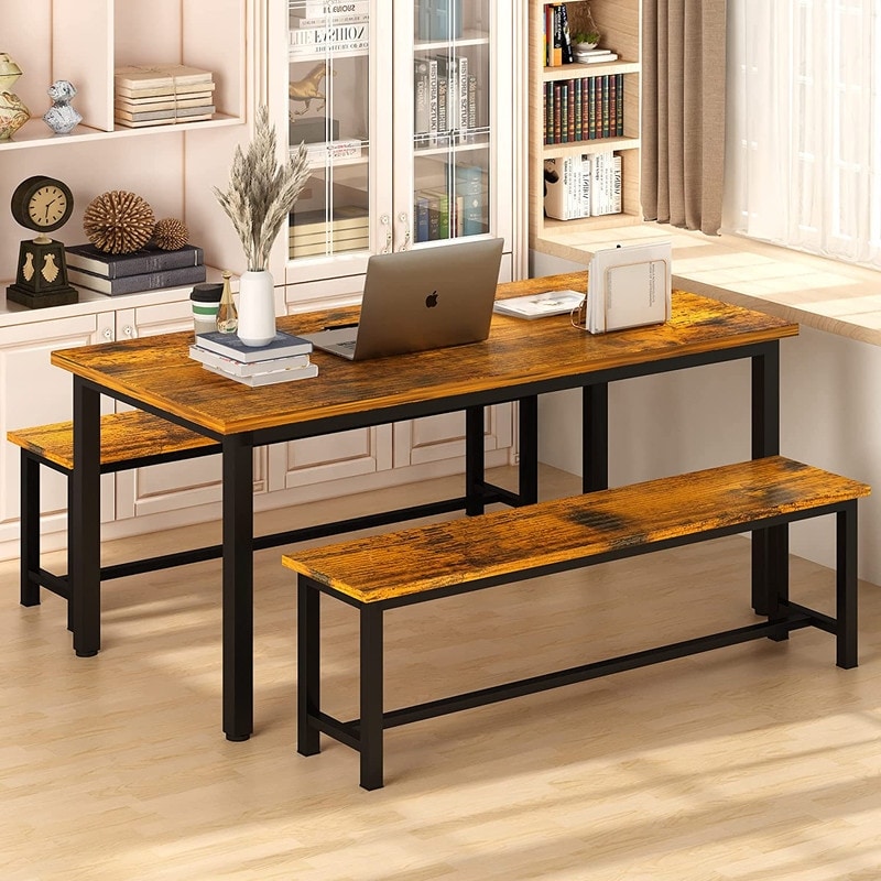 Industrial 3 Piece Dining Table Set  Retro Wood Kitchen Table Set with 2 Benches for Home Kitchen  Dining Room  Restaurant