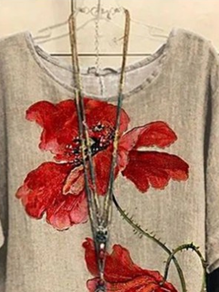 Vintage Casual Floral Print Crew Neck Short Sleeve Blouse