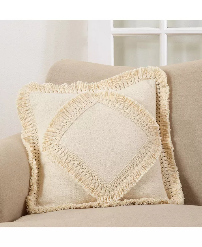 Saro Lifestyle Cotton Fringe Lace Applique Decorative Pillow， 18 x 18