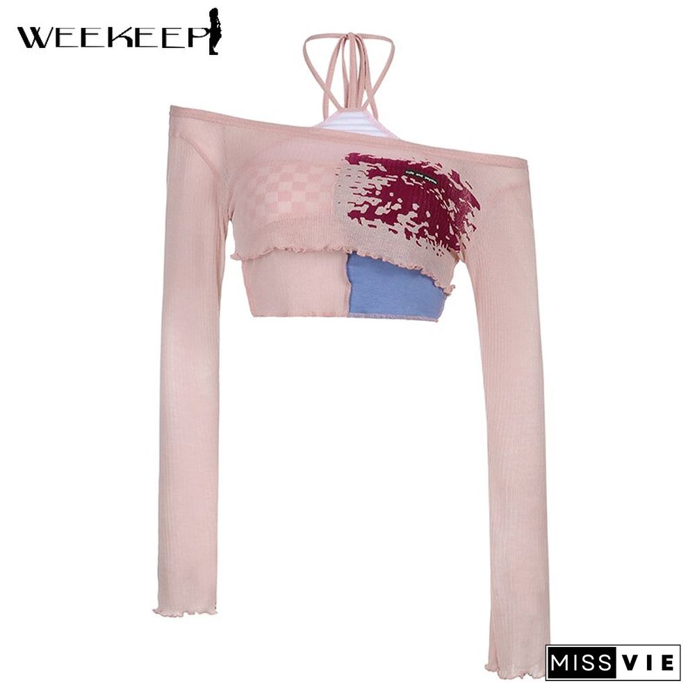 Weekeep Cute Patchwork T-Shirt Two Piece Women Long Sleeve Transparent Tee And Tie Up Halter Cropped Tops Summer Kawaii Harajuku