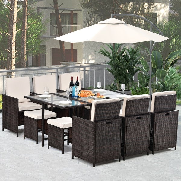 11 Pieces Patio Furniture Dining Set Patio Wicker Rattan Chair Sets Outdoor Furniture Cushioned Tempered Glass with Ottoman -  - 37249482